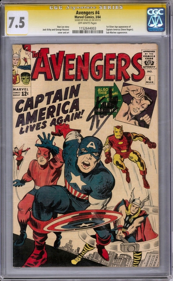 Avengers 4 CGC 75 Stan Lee Signature Series OW 1st Silver Age Cap