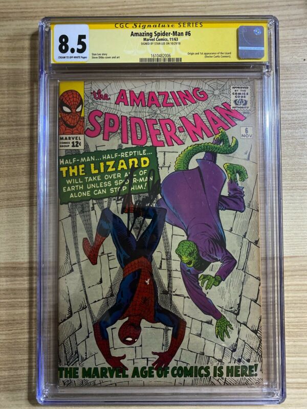 Amazing SpiderMan 6 Marvel 1st appearance of Lizard Signed Stan Lee CGC 85