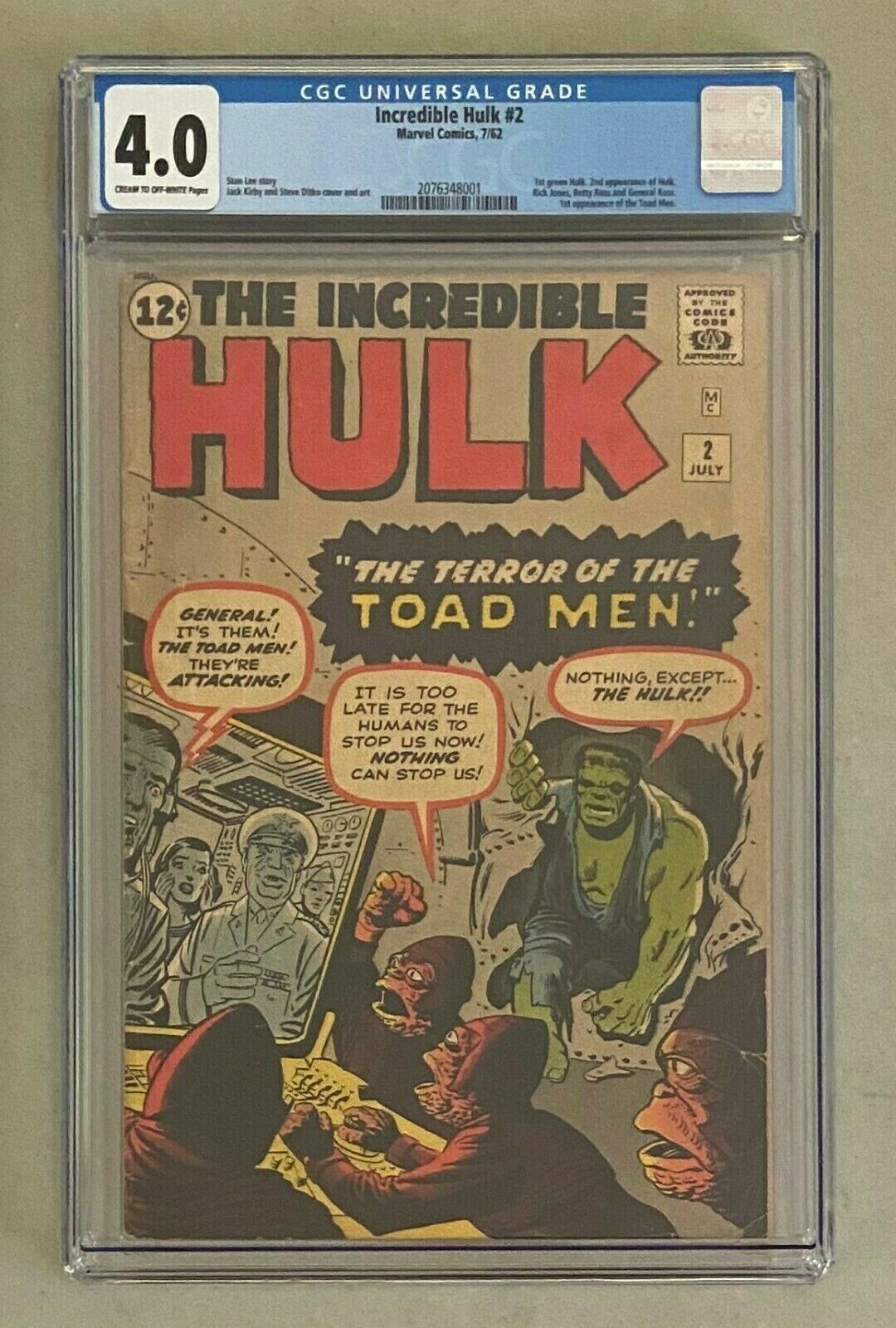 INCREDIBLE HULK 2 Marvel Comics 1962 CGC 40 First GREEN HULK Appearance 