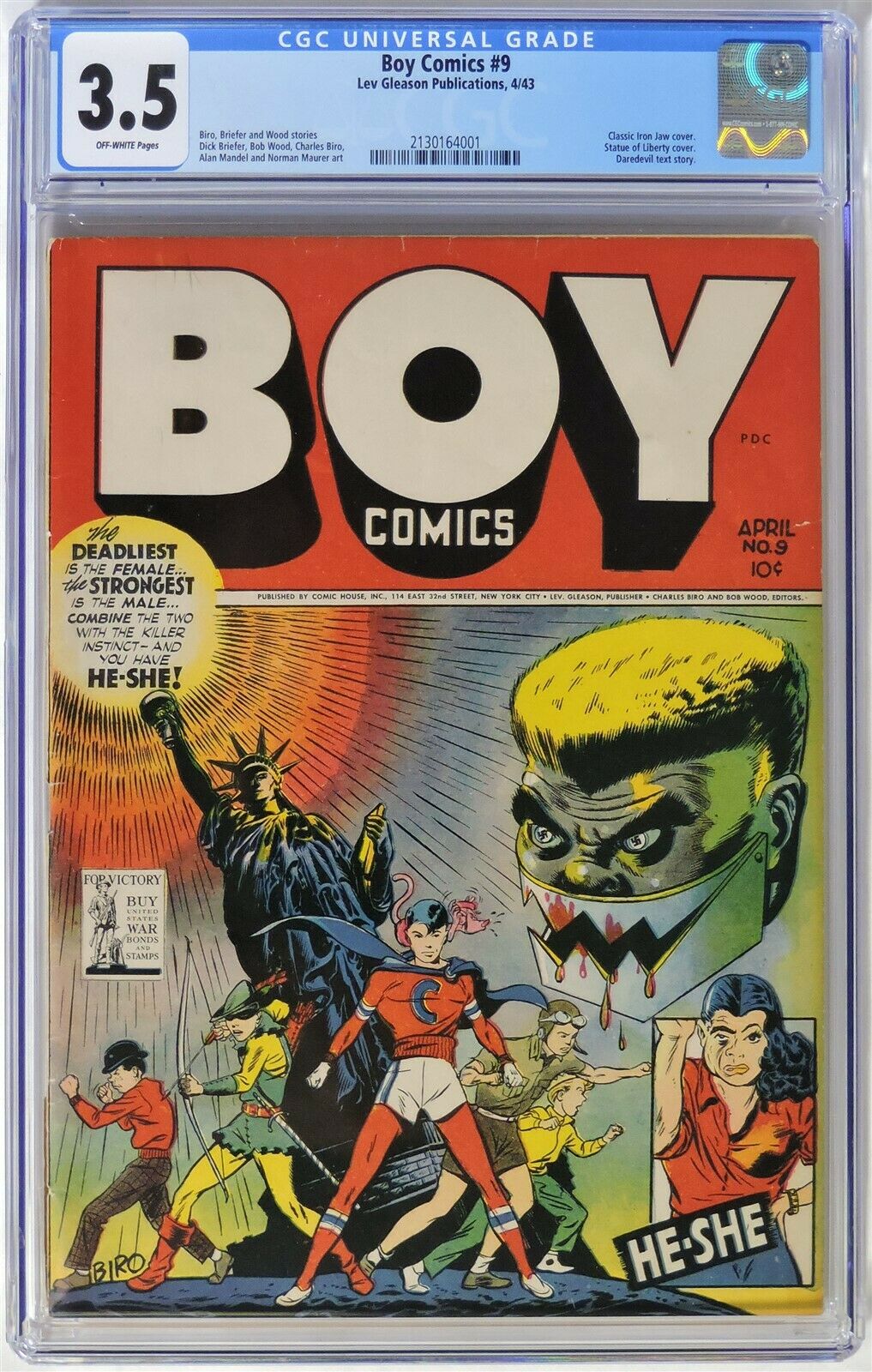 S696 BOY COMICS 9 Lev Gleason CGC 35 VG 1943 CLASSIC IRON JAW Cover by BIRO