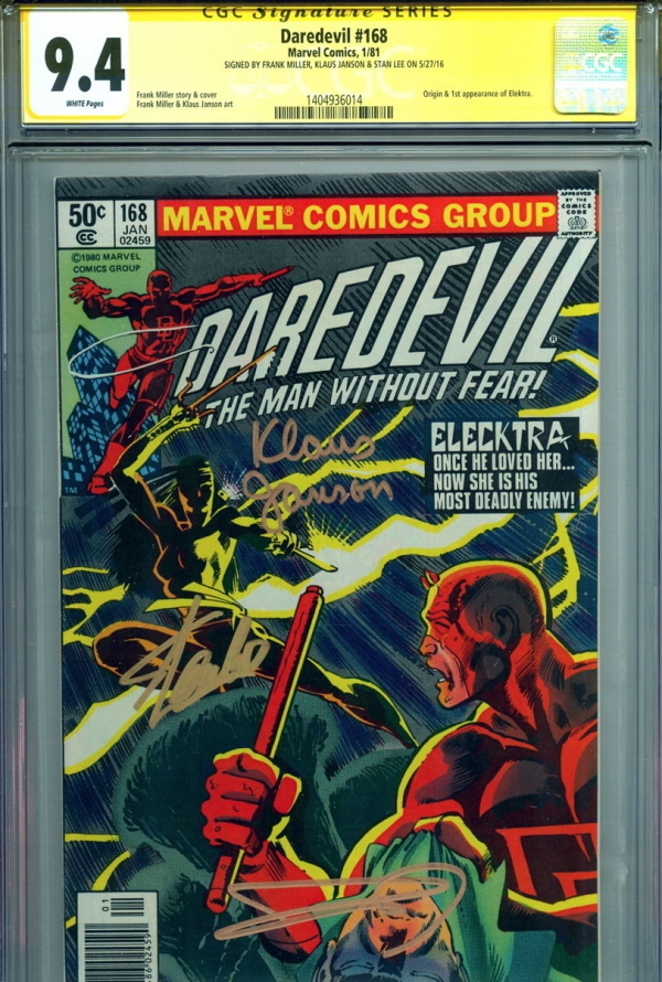 CGC SS 94 Daredevil 168 SIGNED Stan Lee Frank Miller Klaus Janson 1st Elektra