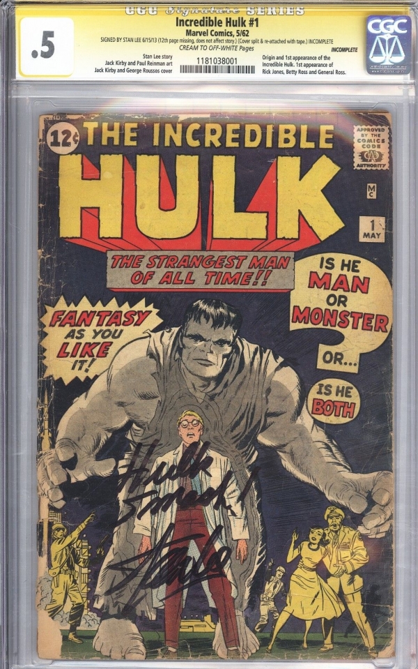 Incredible Hulk 1 CGC 05 SS Signed by Stan Lee Unrestored 1st App of Hulk 1962