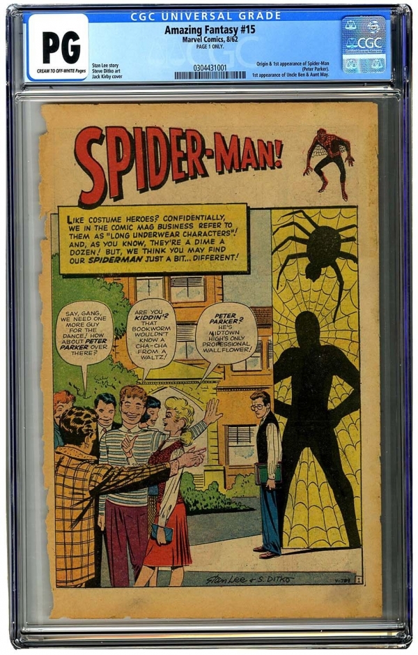 Amazing Fantasy 15 CGC Page 1 Only  1st App of SpiderMan 1962 Original