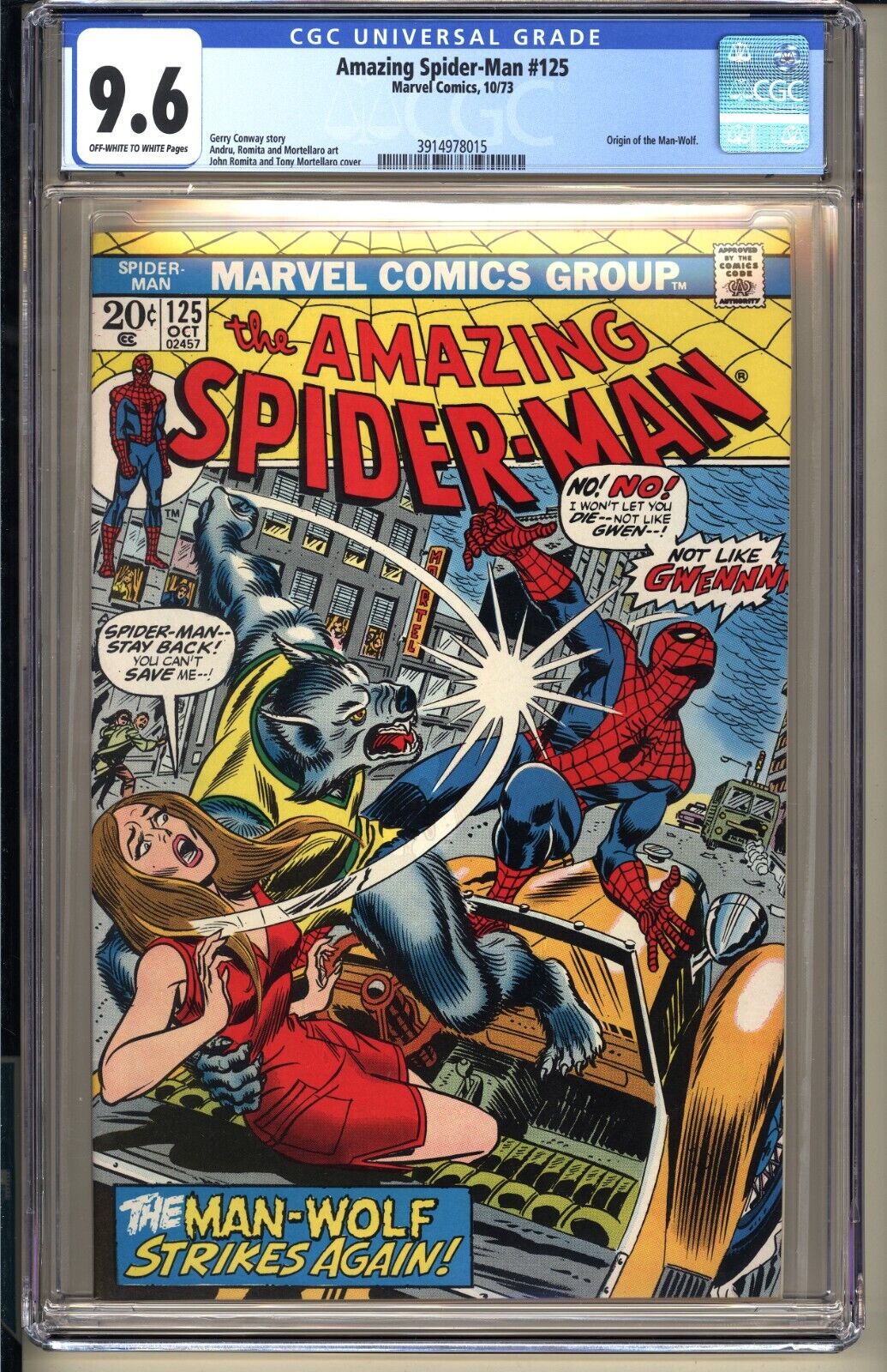 Amazing SpiderMan 125  CGC 96 OWW NM  Marvel Comic 1973 2nd app ManWolf v1