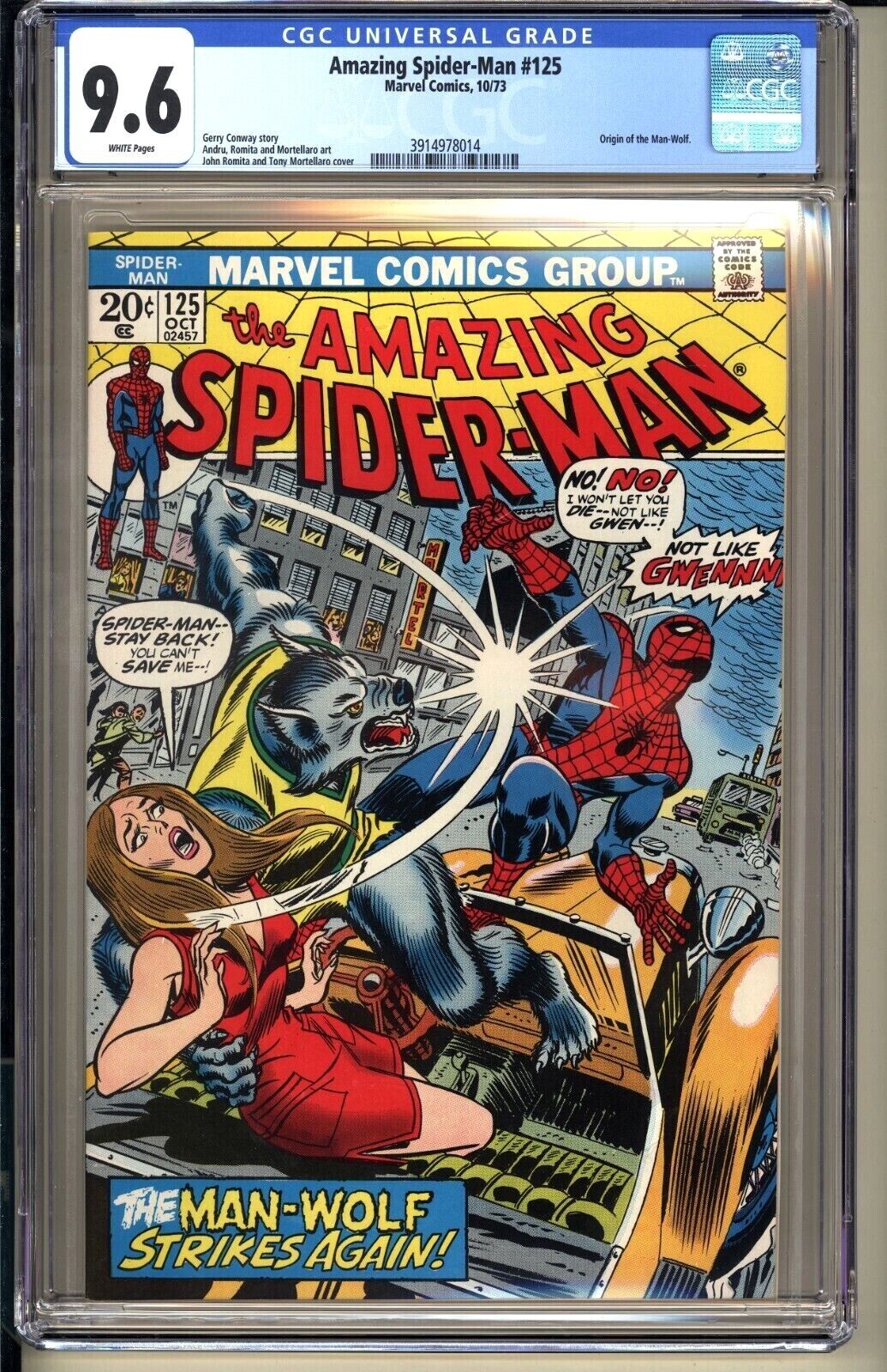 Amazing SpiderMan 125  CGC 96 WP NM  Marvel Comic 1973 2nd app ManWolf v1