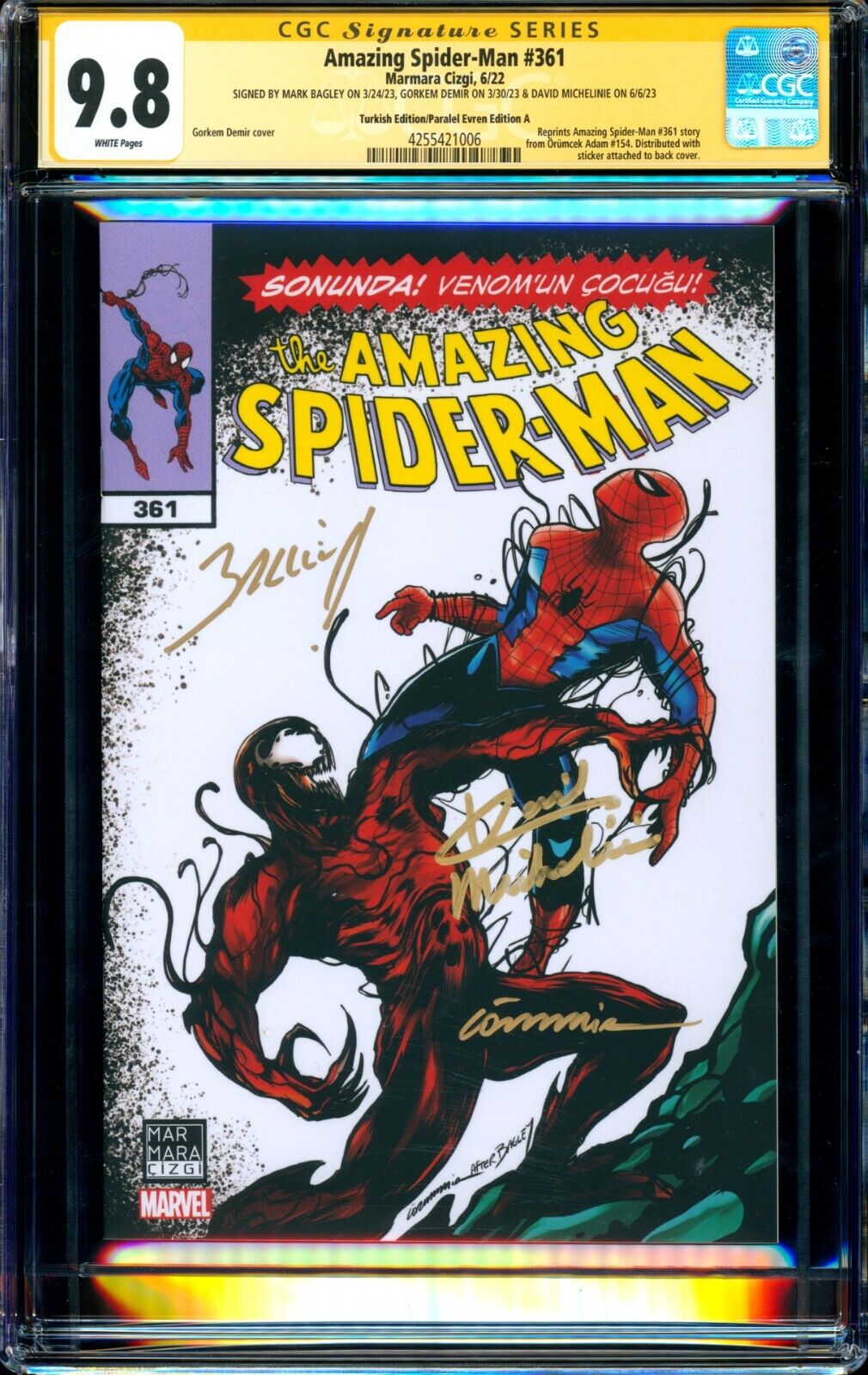 Amazing SpiderMan 361 TURKISH CGC SS 98 signed Mark Bagley 1st CARNAGE NMMT