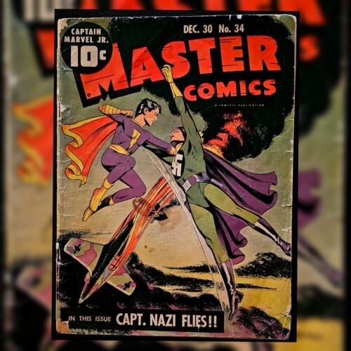 Master Comics 34 Classic World War II Cover No CGC Captain Marvel Jr  Cap Nazi