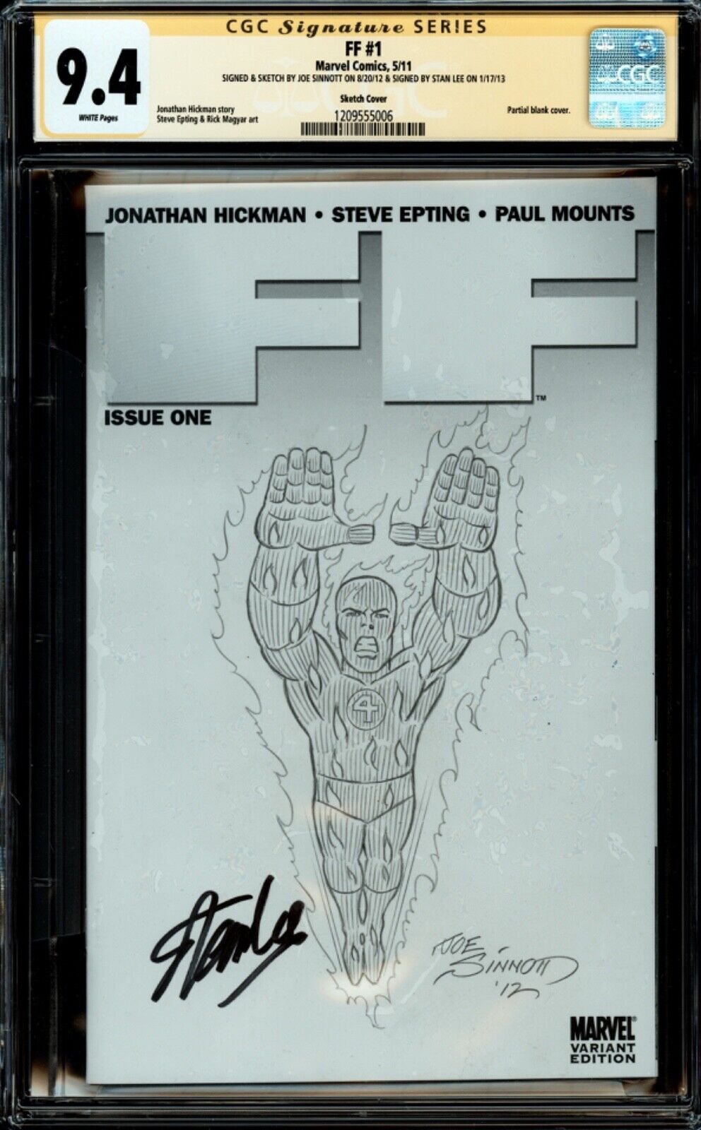 FANTASTIC FOUR 1 CGC 94 SS JOE SINNOTT HUMAN TORCH SKETCH SIGNED STAN LEE