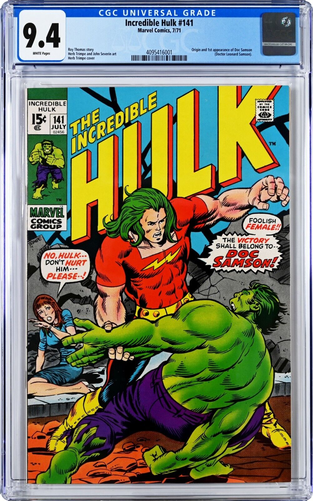 Incredible Hulk 141 CGC 94 WP 1st App Doc Samson 1971