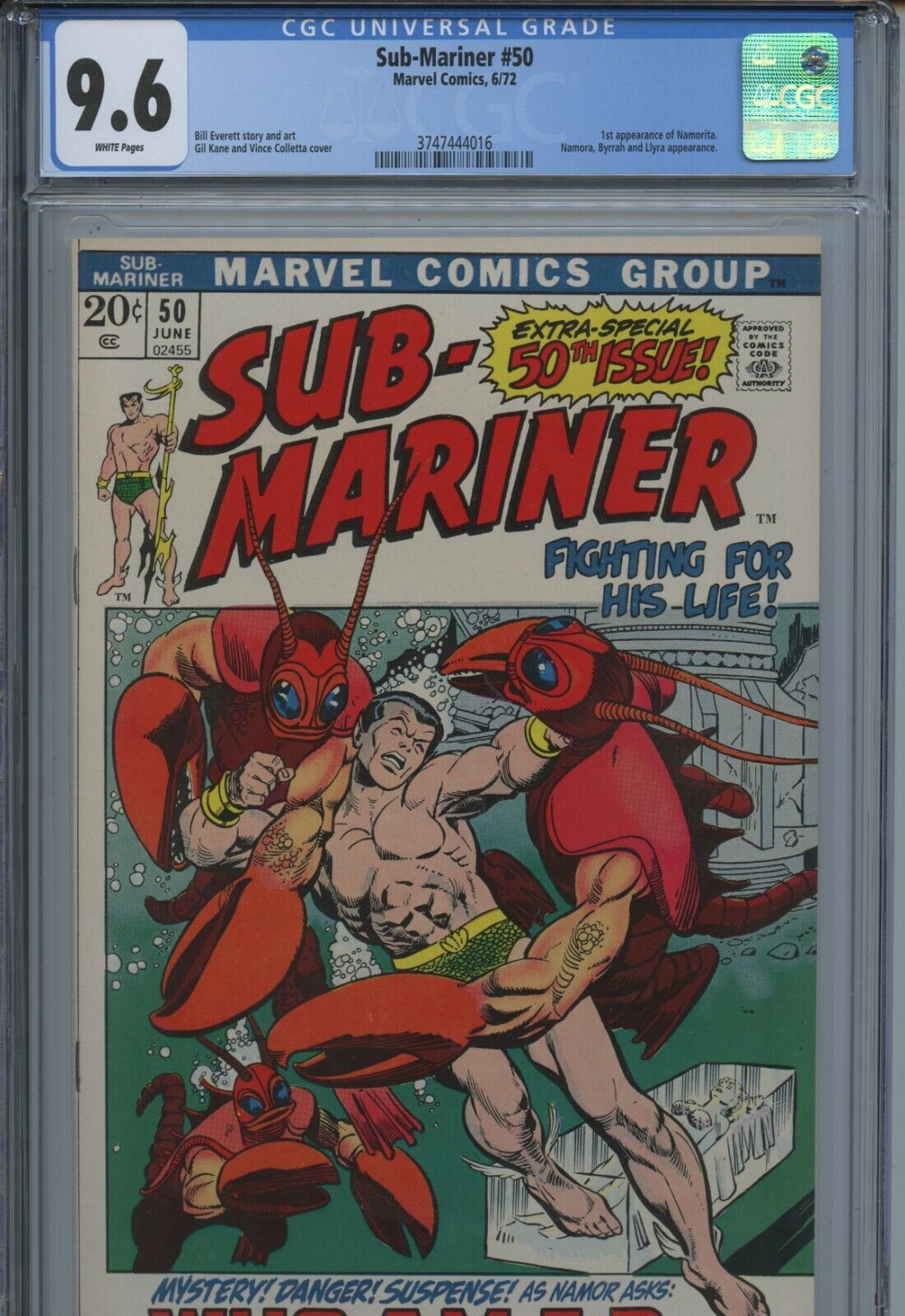 1972 MARVEL SUBMARINER 50 1ST APPEARANCE OF NAMORITA CGC 96 WHITE PAGES