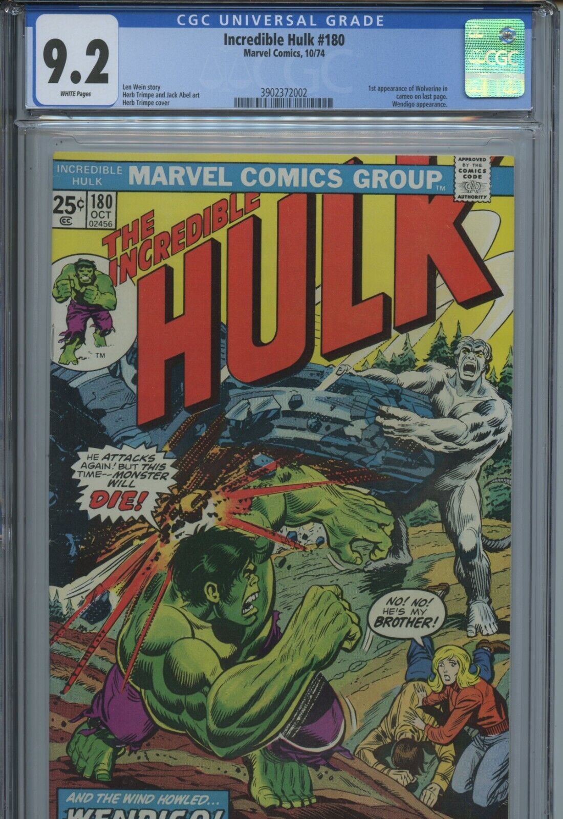 1974 MARVEL INCREDIBLE HULK 180 1ST CAMEO APPEARANCE WOLVERINE CGC 92 WHITE