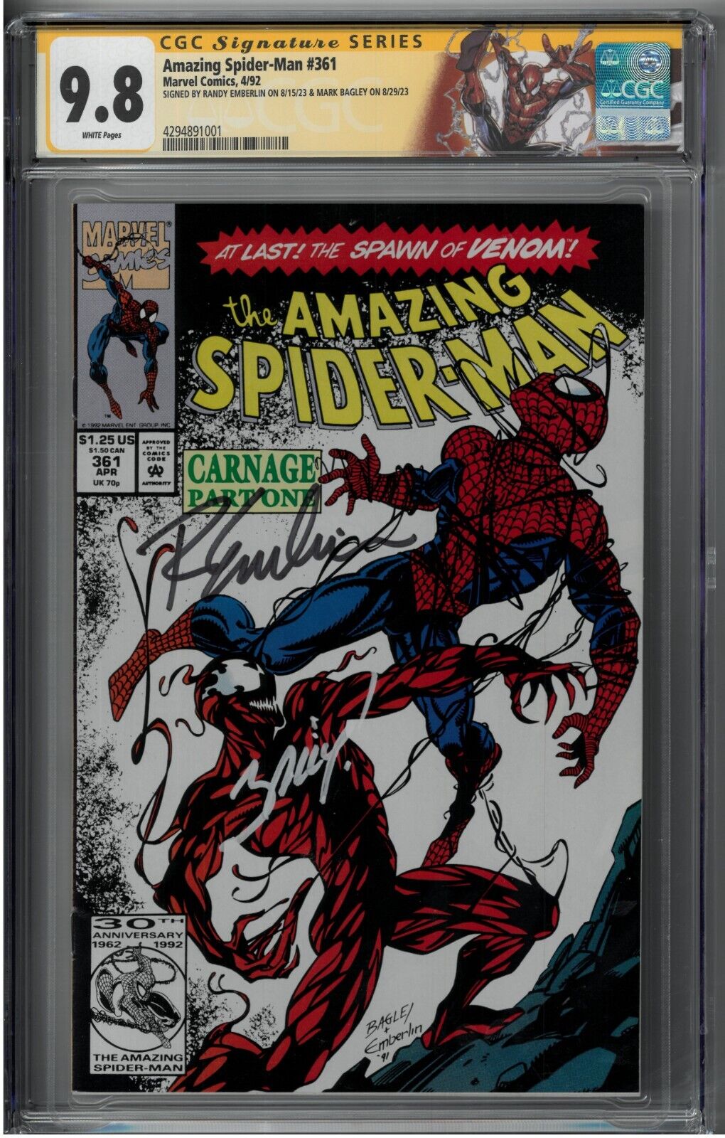 Amazing Spiderman 361  CGC 98  1st app Carnage  Signed by Bagley  Emberlin