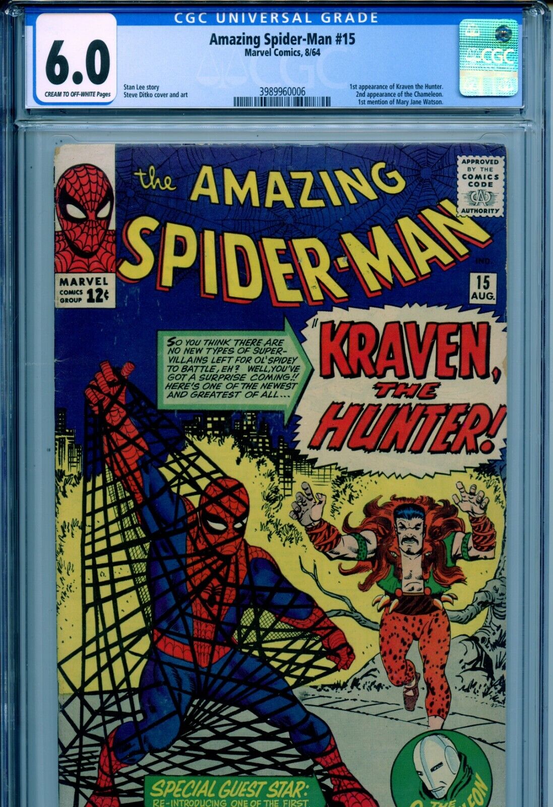 1964 MARVEL AMAZING SPIDERMAN 15 1ST APPEARANCE OF KRAVEN THE HUNTER  CGC 60