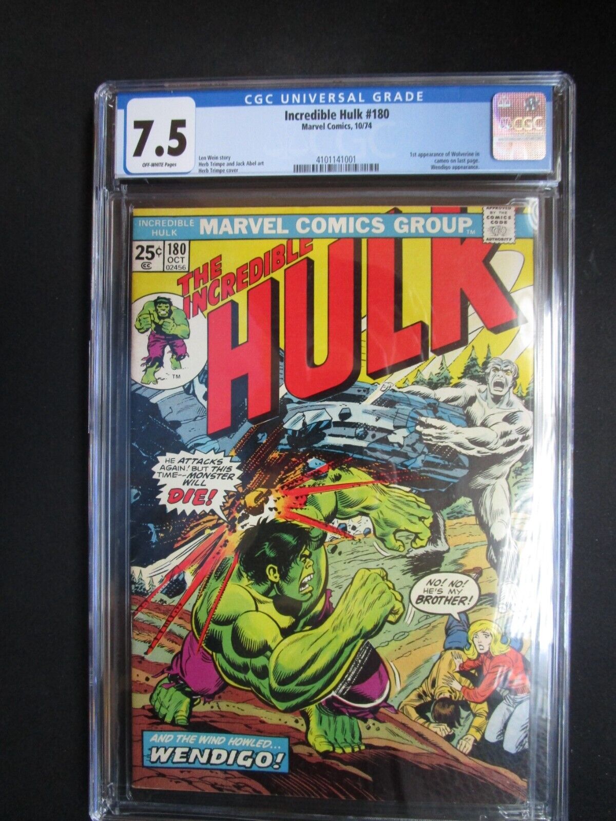 INCREDIBLE HULK 180 CGC 75 OWW VF 1st Appearance WOLVERINE cameo Marvel 1974