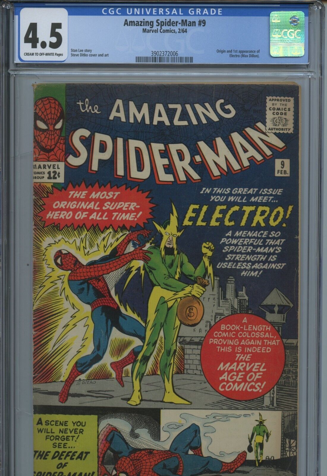 1964 MARVEL AMAZING SPIDERMAN 9 1ST APP  ORIGIN OF ELECTRO CGC 45