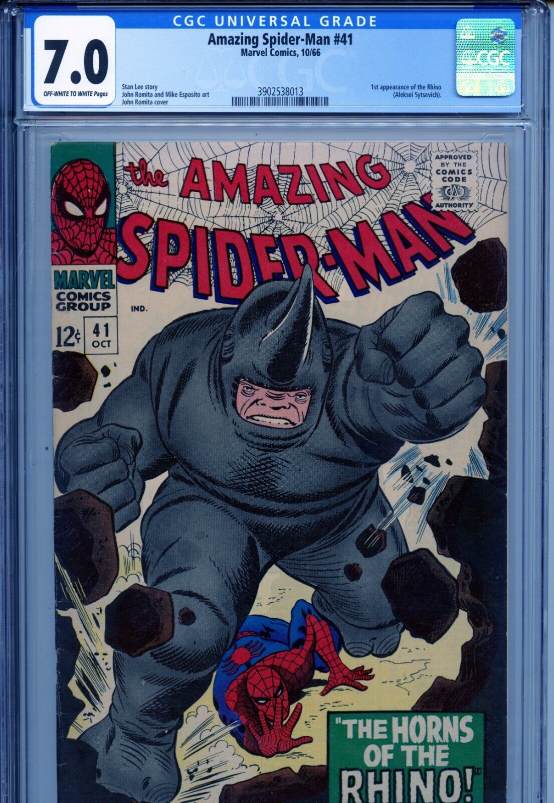 1966 MARVEL AMAZING SPIDERMAN 41 1ST APPEARANCE OF THE RHINO CGC 70 OWW