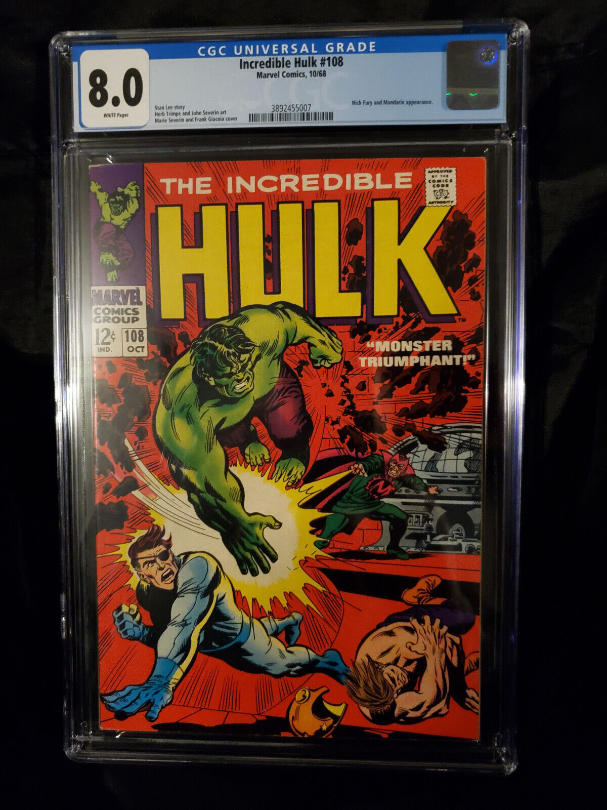 Hulk 108 1968 CGC 80 WHITE PAGES Nick FuryMandarin appearance