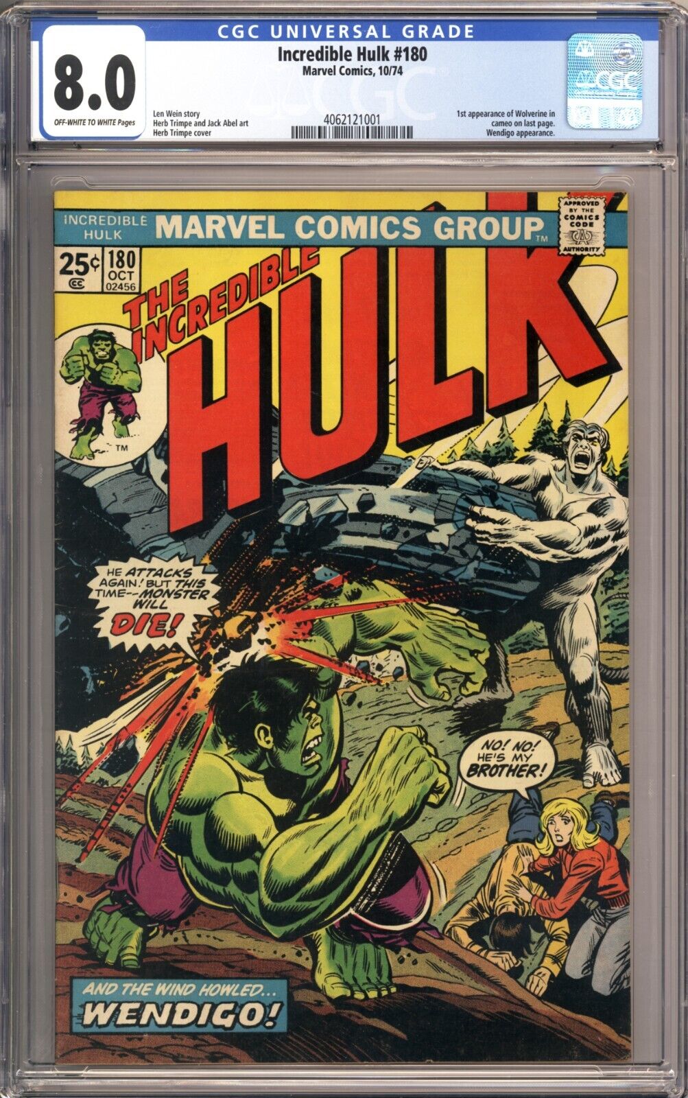 Incredible Hulk 180 CGC 80 1st Cameo App of Wolverine Beautiful Looking Book