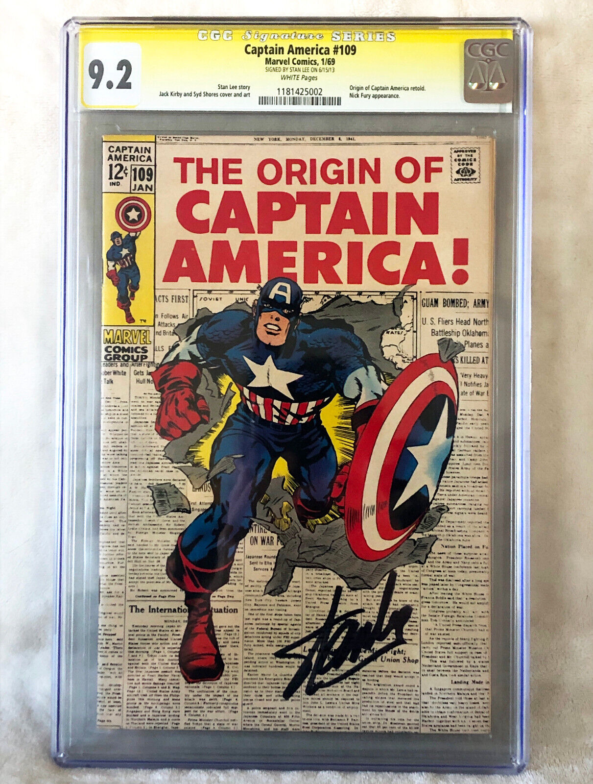 Captain America 109 SS CGC 92 Jack Kirby Art Signed By Stan Lee 1969