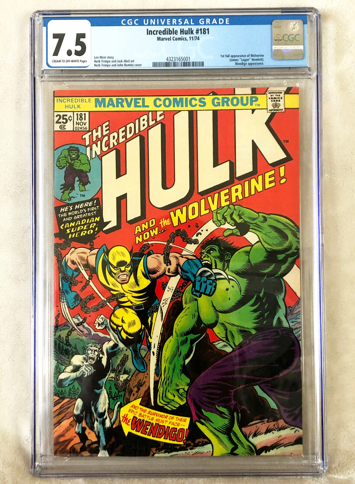 Incredible Hulk 181 CGC 75 First Full Appearance Of Wolverine 1974