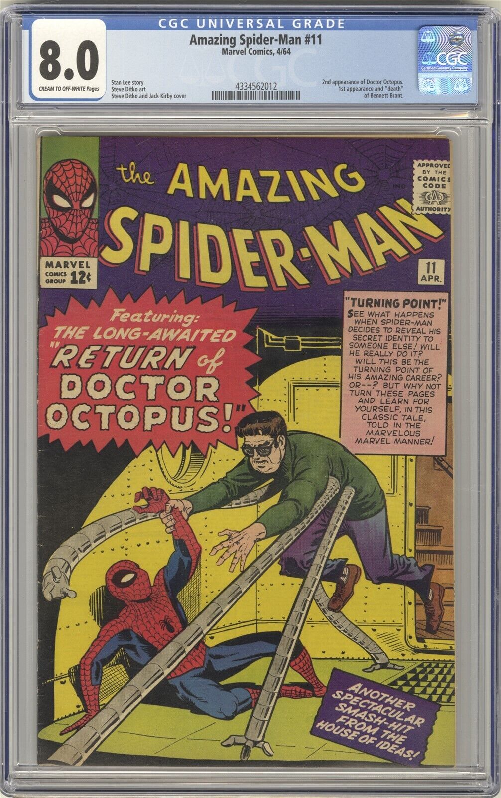 Amazing SpiderMan 11 CGC 80 HIGH GRADE Marvel Comic KEY 2nd Doctor Octopus