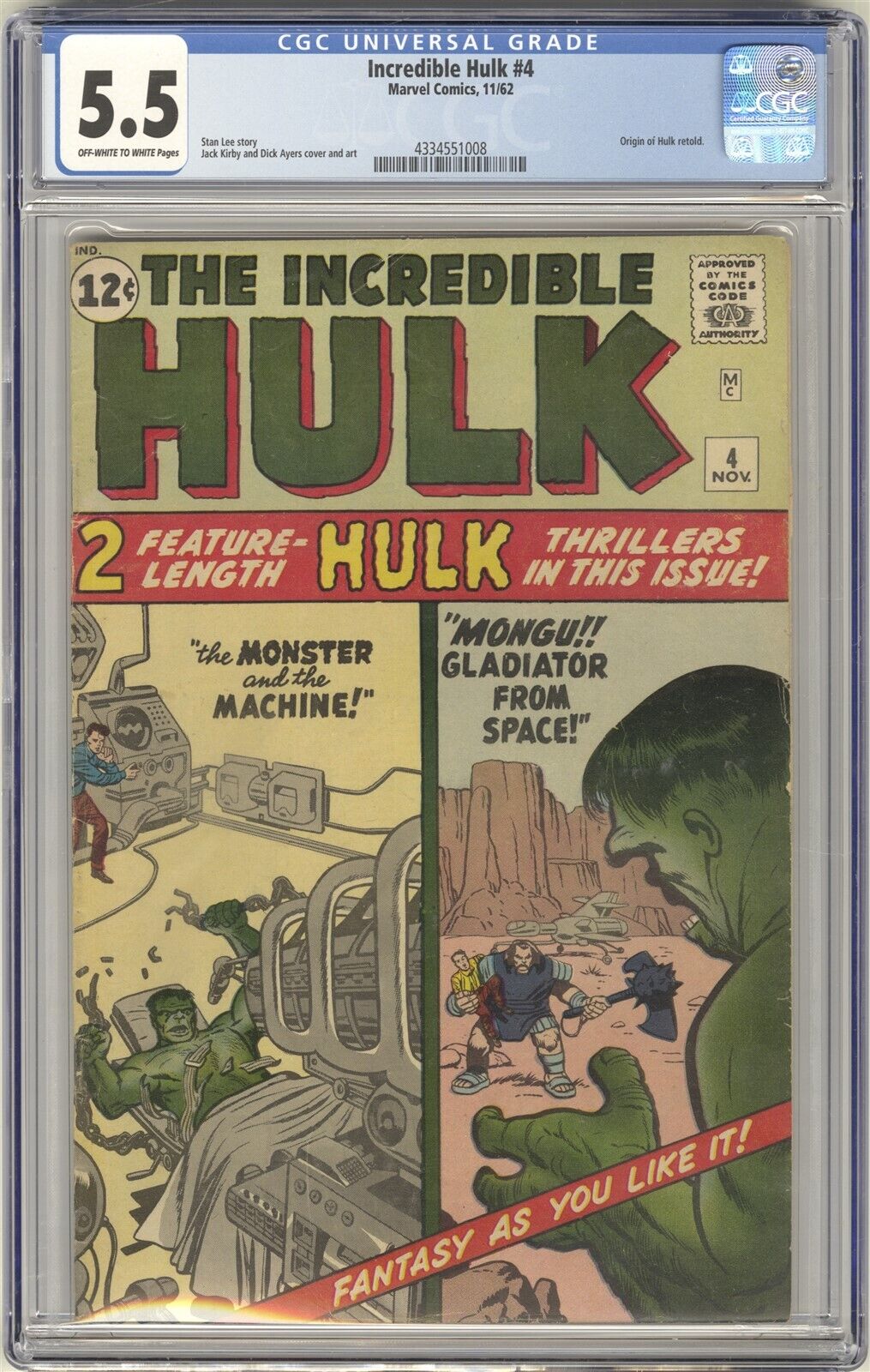 Incredible Hulk 4 CGC 55 VINTAGE Marvel Comic KEY Origin Retold Silver Age 12