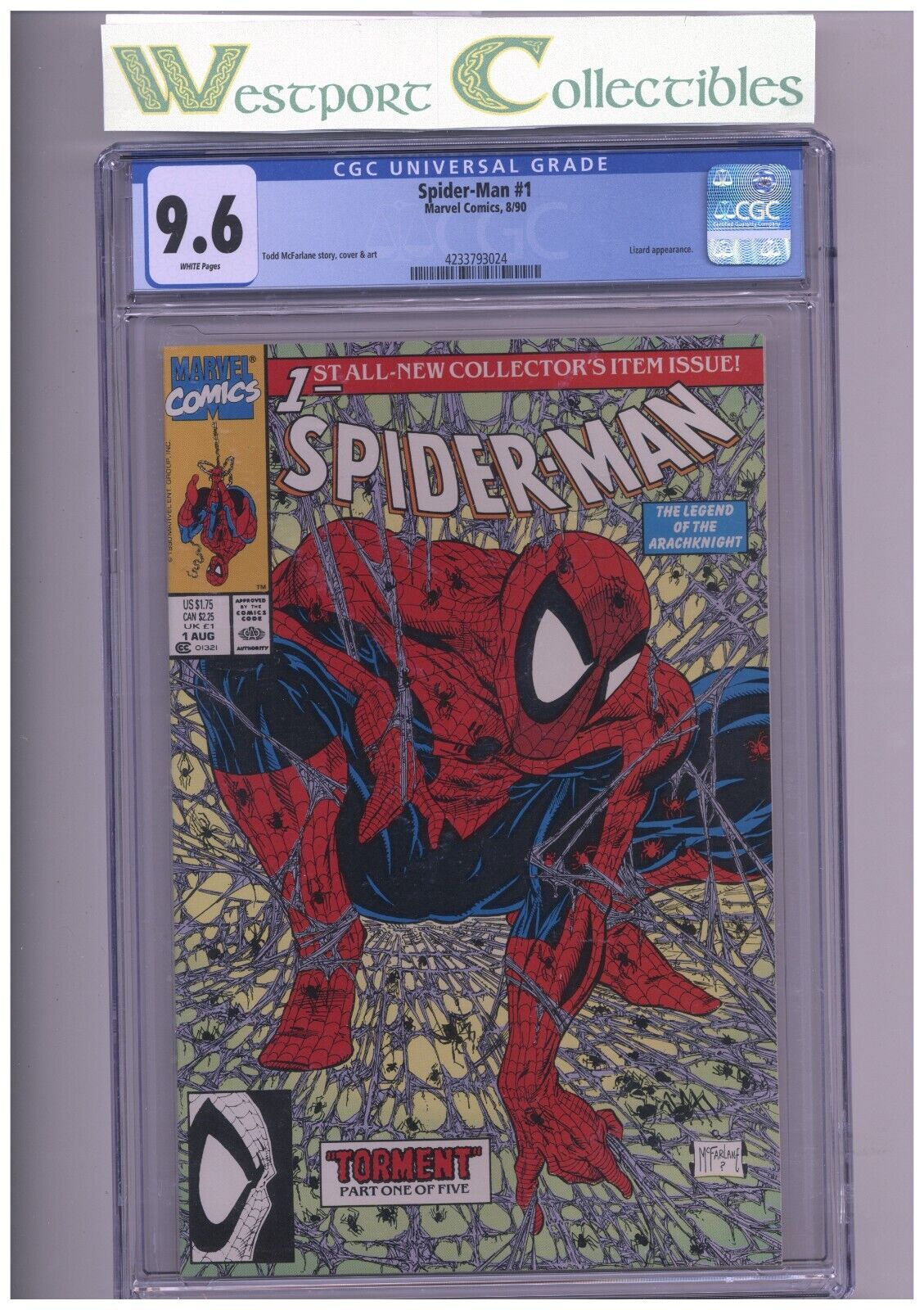 SPIDERMAN 1  CGC 96 WHT PGS   1990  GREEN COVER MCFARLANE ART LIZARD APP