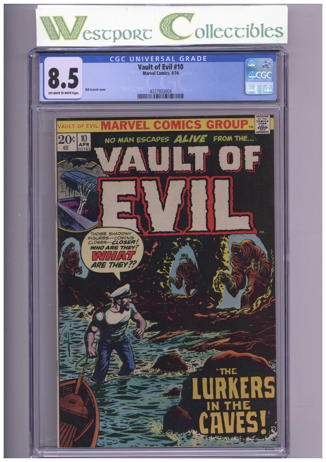 VAULT OF EVIL 10  CGC 85 OWTWP  19740 BILL EVERETTE COVER  AMAZING CONDITION