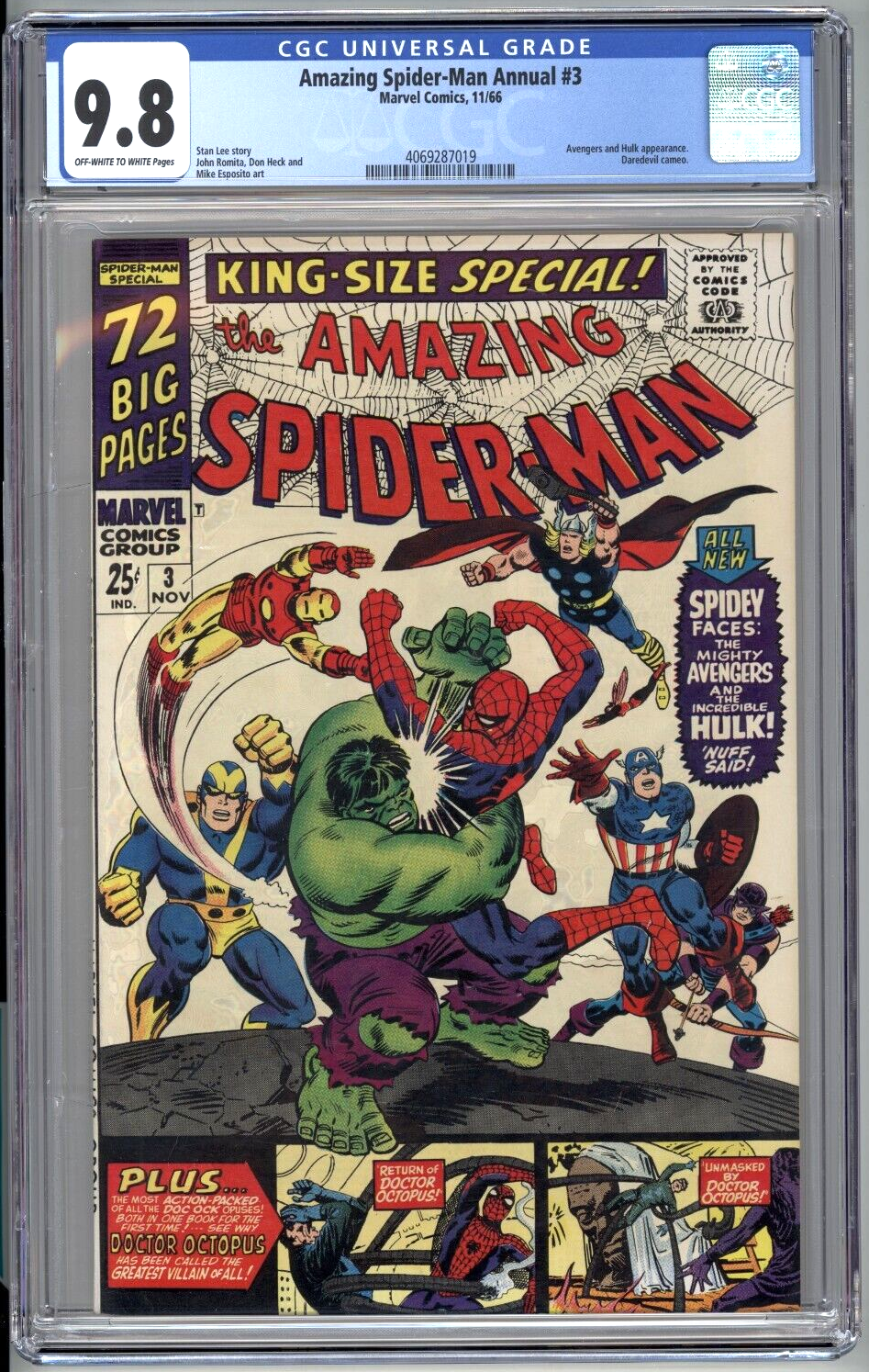 Amazing SpiderMan Annual 3 CGC 98 Marvel 1966 Avengers Hulk app HIGH GRADE