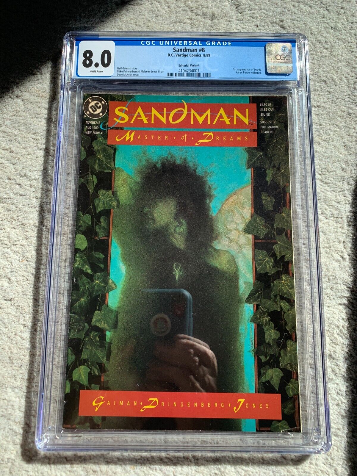 Sandman 8 1989 Berger Editorial Variant CGC 80 White first Death Vertigo 8B