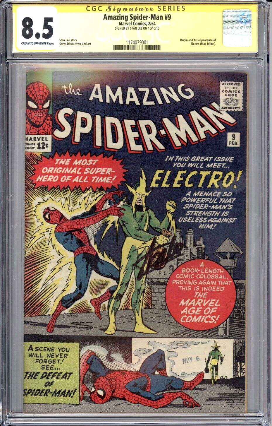 Amazing SpiderMan 9 CGC 85 SS 1st Electro signed Stan Lee