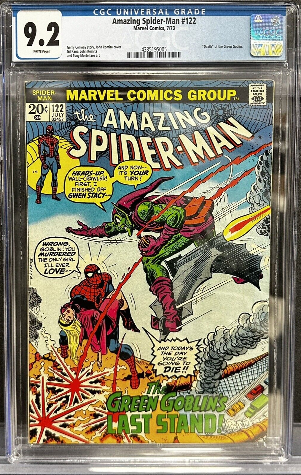 AMAZING SPIDERMAN 122 CGC 92 WHITE Pages KEY Death Green Goblin Marvel Comic