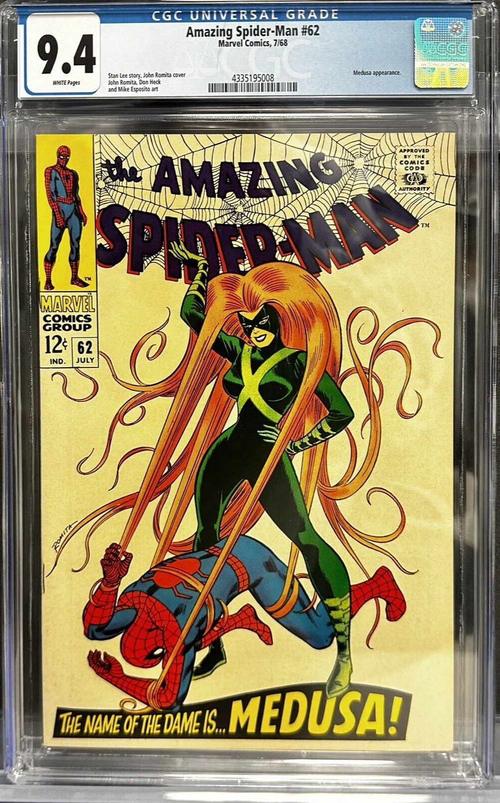 AMAZING SPIDERMAN 62 CGC 94 WHITE Pgs Medusa app Original Owner Marvel Comic