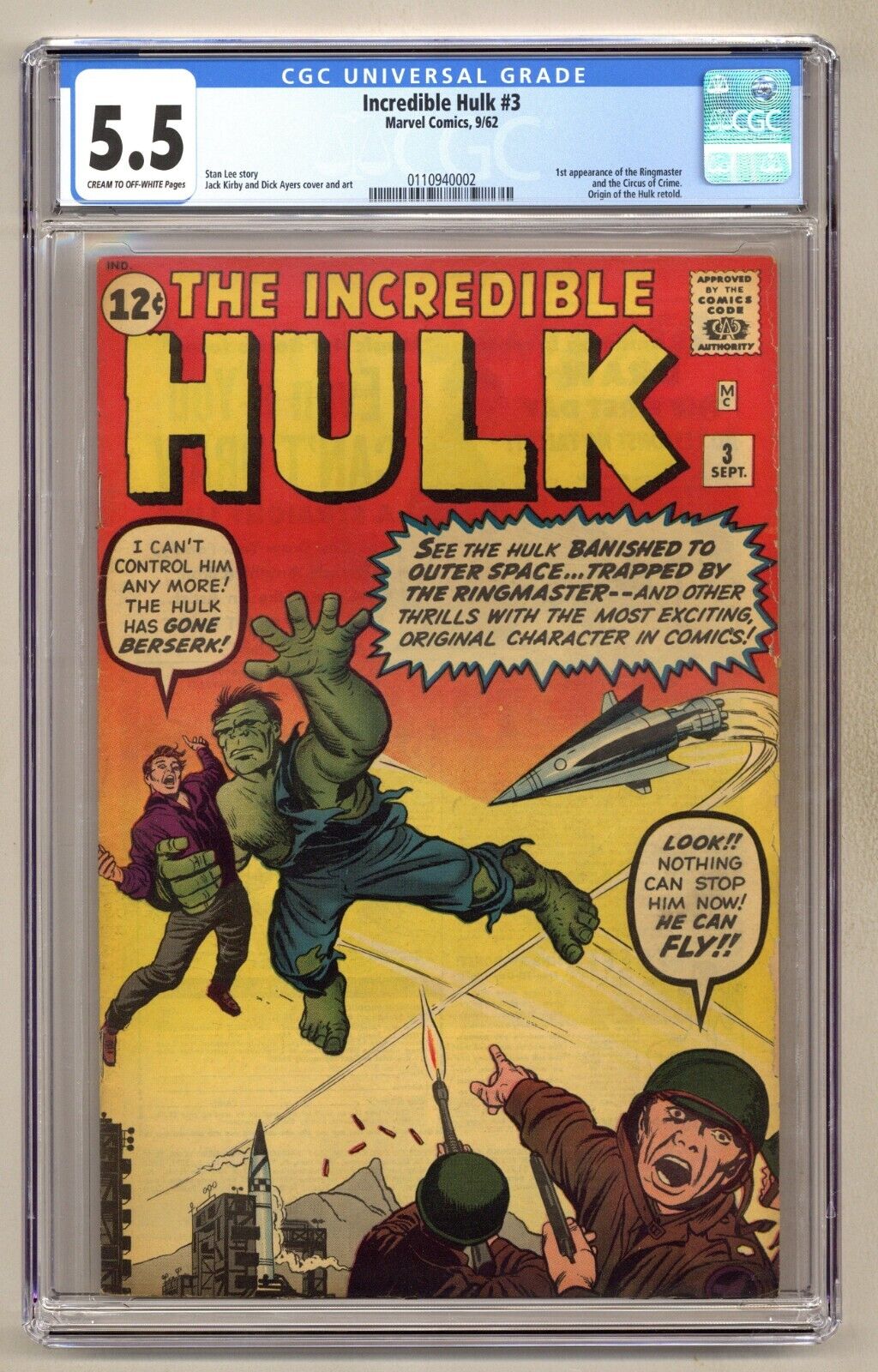 Incredible Hulk 3 CGC 55 Origin retold 1st app Ringmaster Kirby 1962 I805