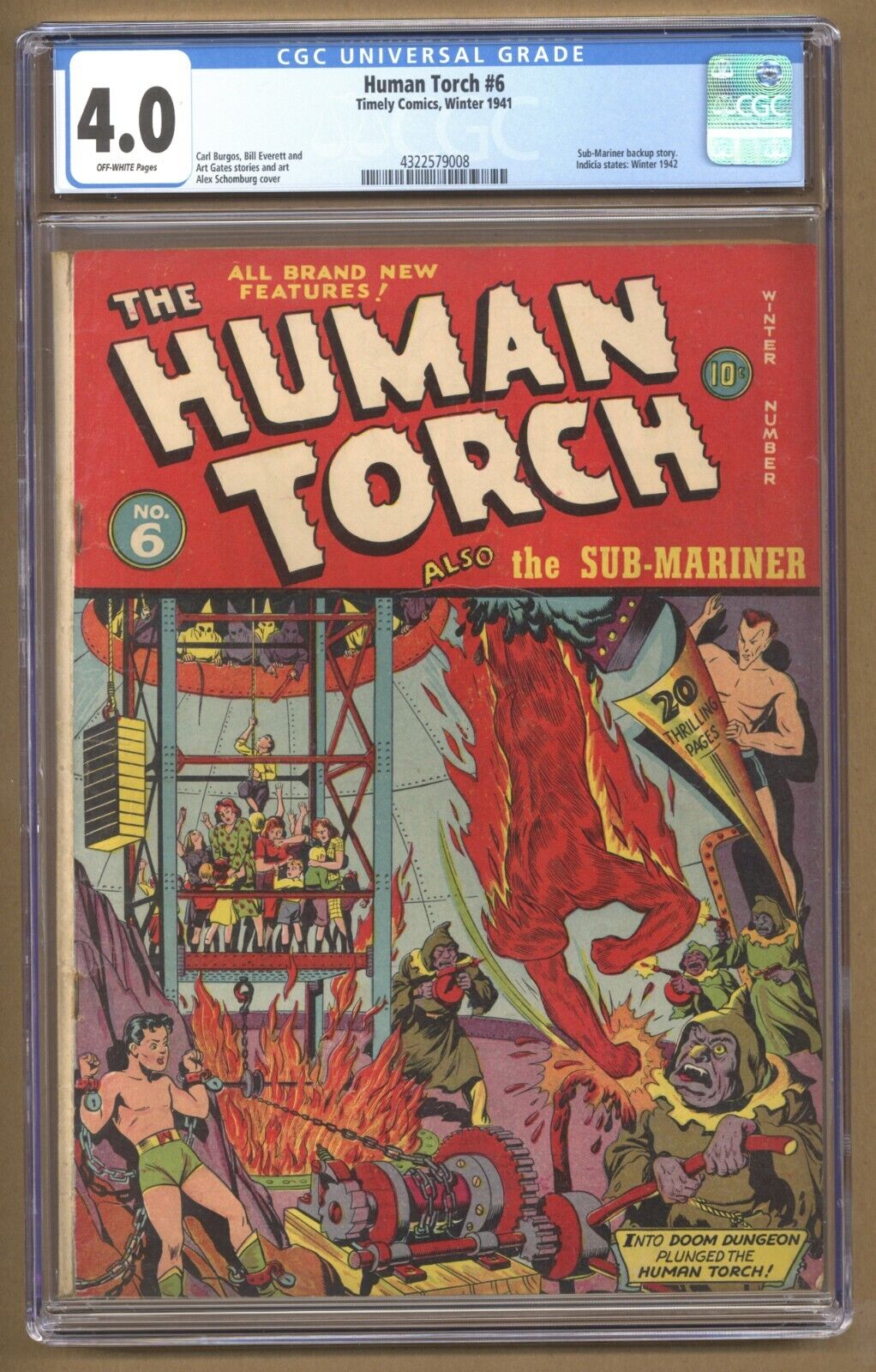 Human Torch 6 CGC 40 SubMariner backup story Schomburg cover 1941 Timely 572