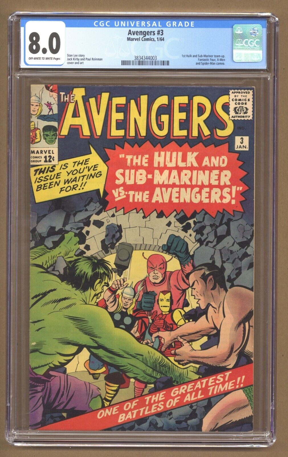 Avengers 3 CGC 80 1st Hulk and SubMariner teamup Kirby 1964 Marvel T507