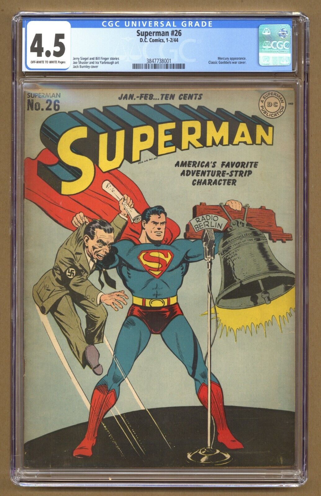 Superman 26 CGC 45 Mercury appearance Classic Goebbels war cover 1944 DC