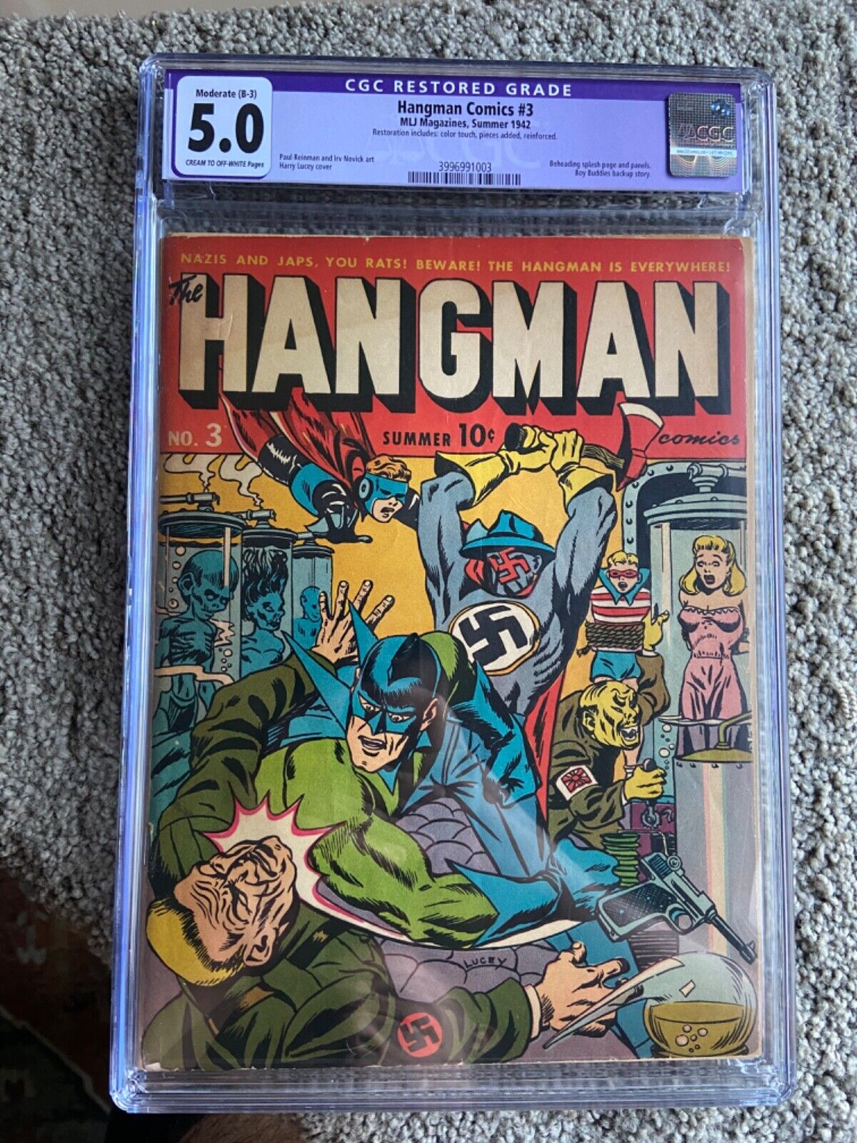 RARE 1942 MLJ GOLDEN AGE HANGMAN COMICS 3 CGC 50 BEHEADING SPLASH PAGE PANELS