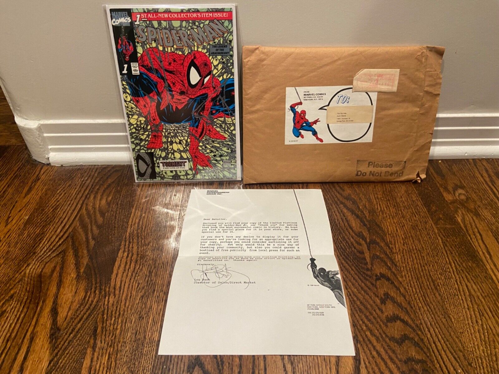 RARE 1990 AMAZING SPIDERMAN 1 PLATINUM EDITION W RETAILER LETTER AND ENVELOPE