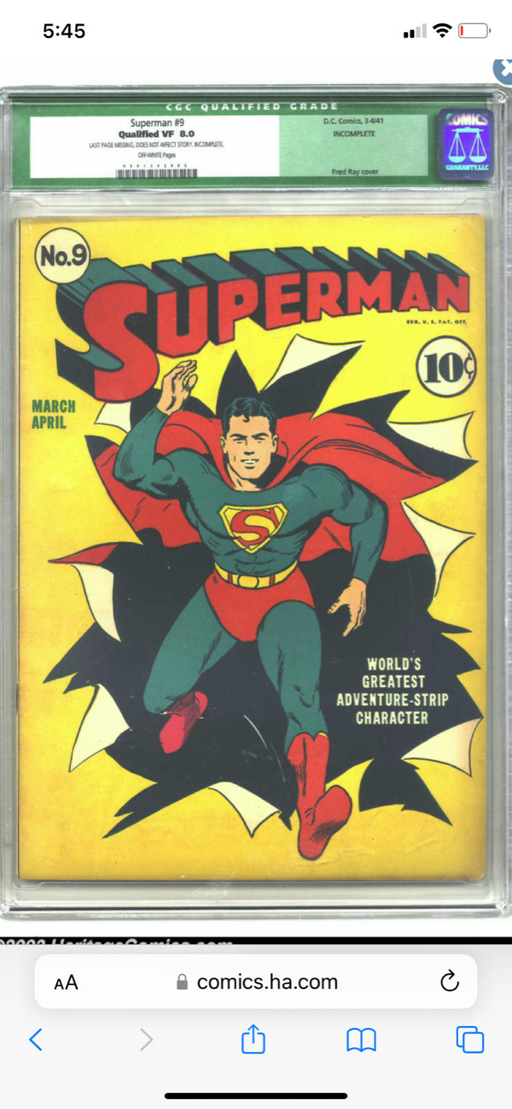 RARE 1941 GOLDEN AGE SUPERMAN 9 CGC 80 FRED RAY COVER STORY COMPLETE