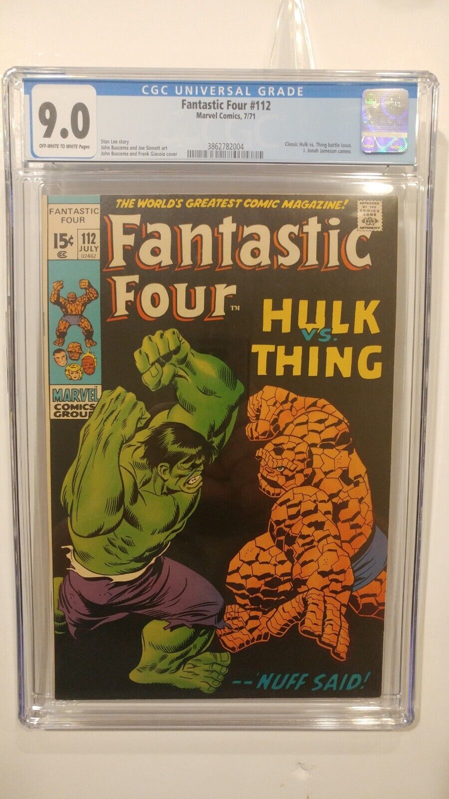 FANTASTIC FOUR 112 CGC 90 Classic Hulk Vs Thing II 1971 Jonah Jameson New Case