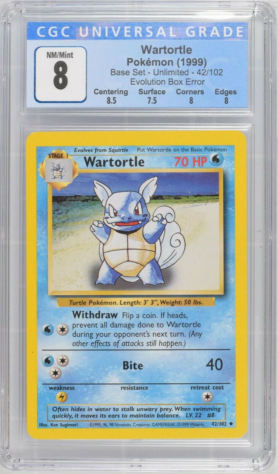 CGC 8 Misprint 1999 Pokemon Base Set Wartortle Evolution Box Error NMMint PSA