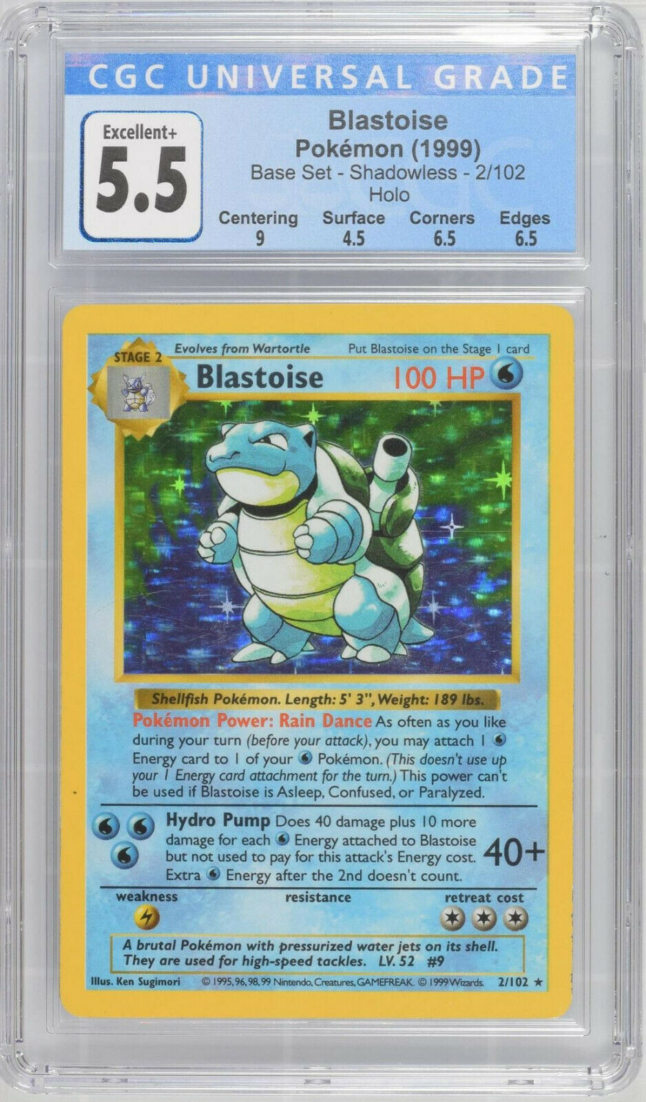 CGC 55 1999 Pokemon Base Set Shadowless Blastoise 2102 Holo Rare EX PSA BGS