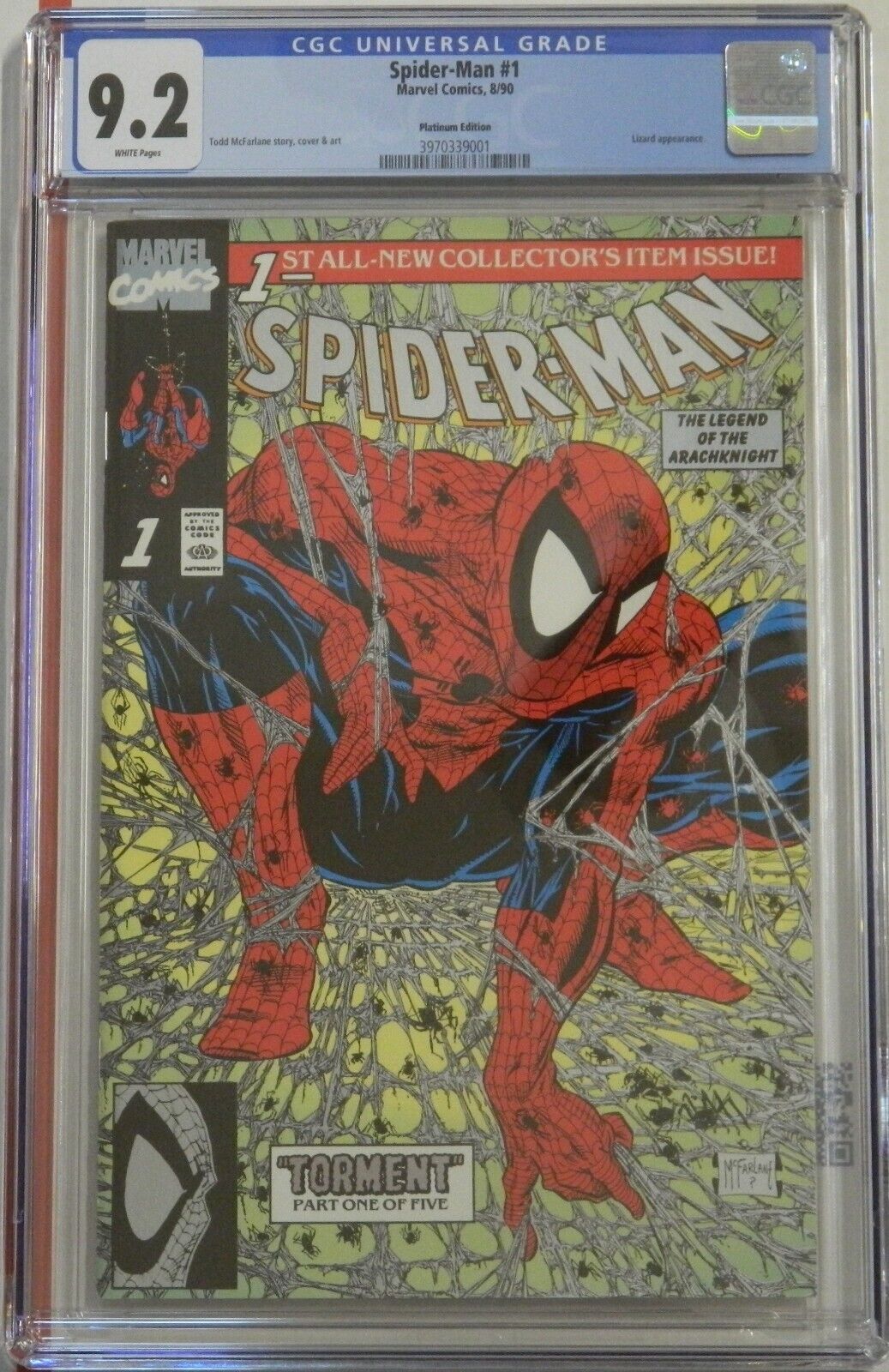 SPIDERMAN 1  PLATINUM EDITION  CGC 92  1990  WHITE PAGES