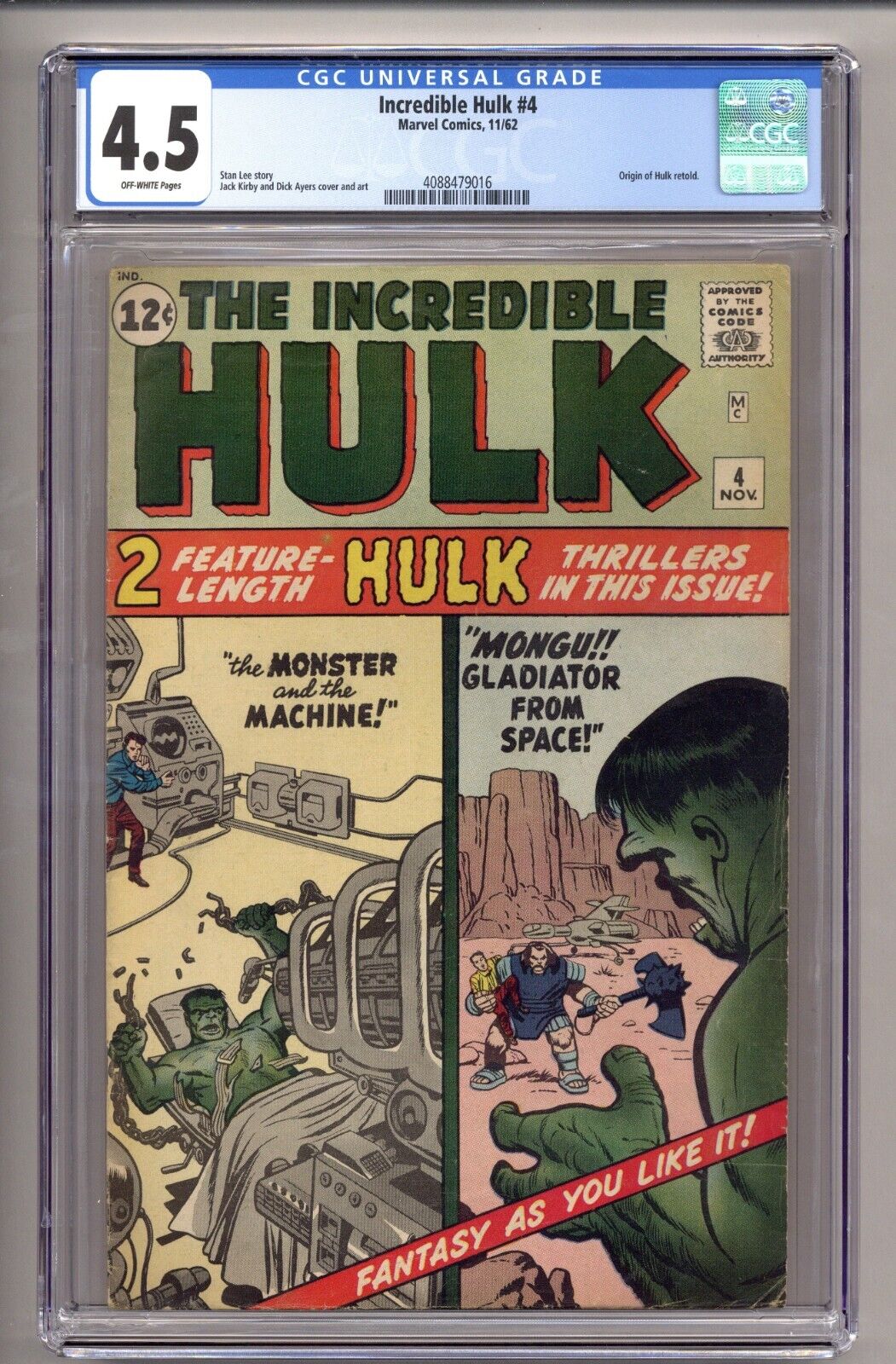 Incredible Hulk 4 CGC 45 Origin of Hulk retold Jack Kirby 1962 Marvel J663