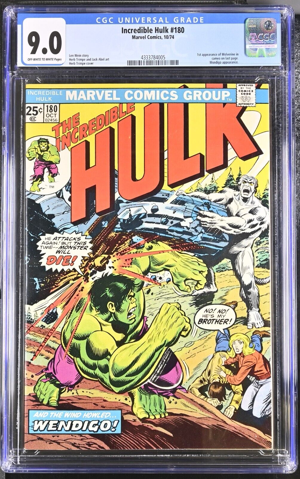 Incredible Hulk 180 CGC 90 1st app Wolverine in cameo 1974 Marvel Comics U788