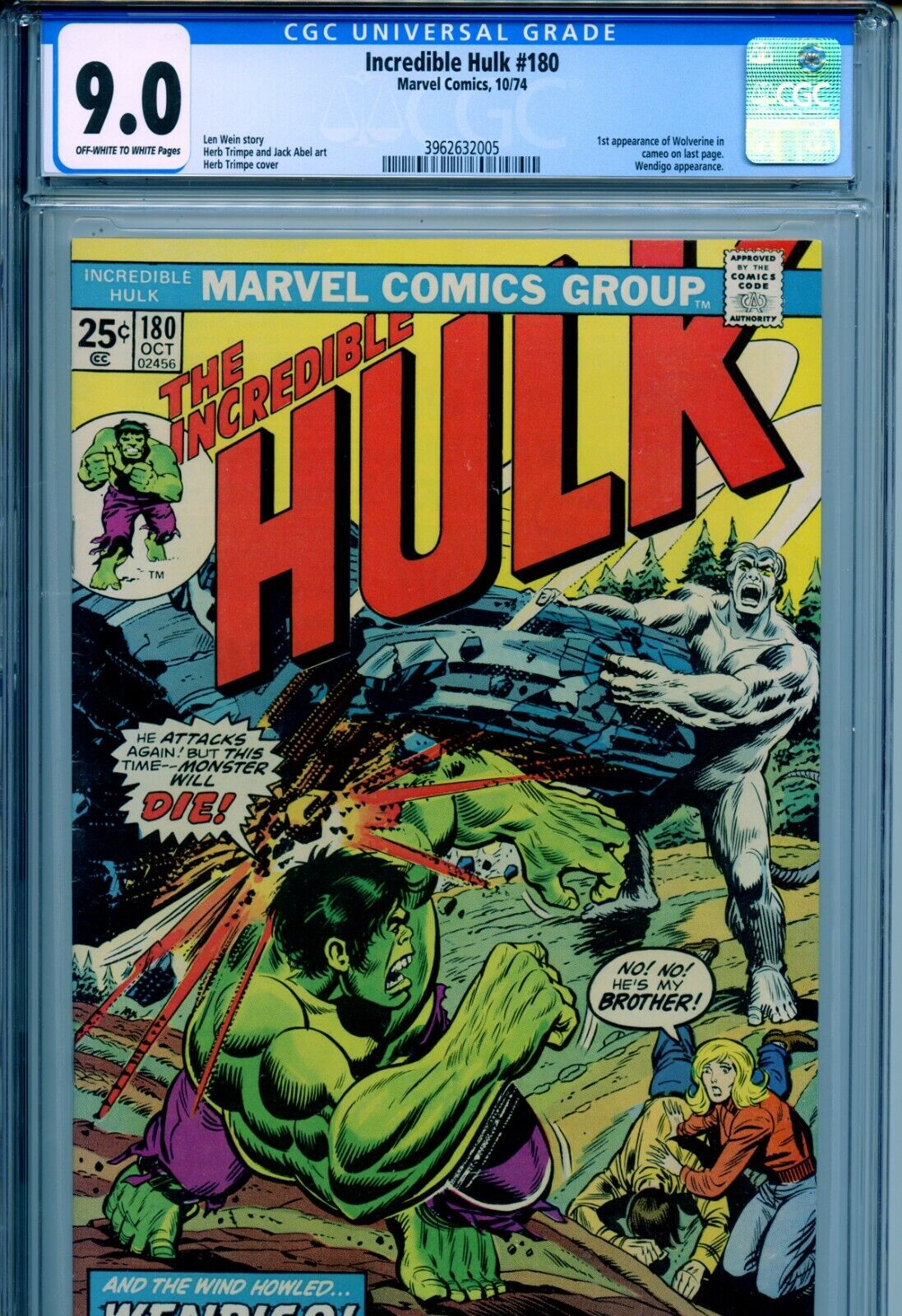 1974 MARVEL INCREDIBLE HULK 180 1ST APPEARANCE WOLVERINE CAMEO  CGC 90