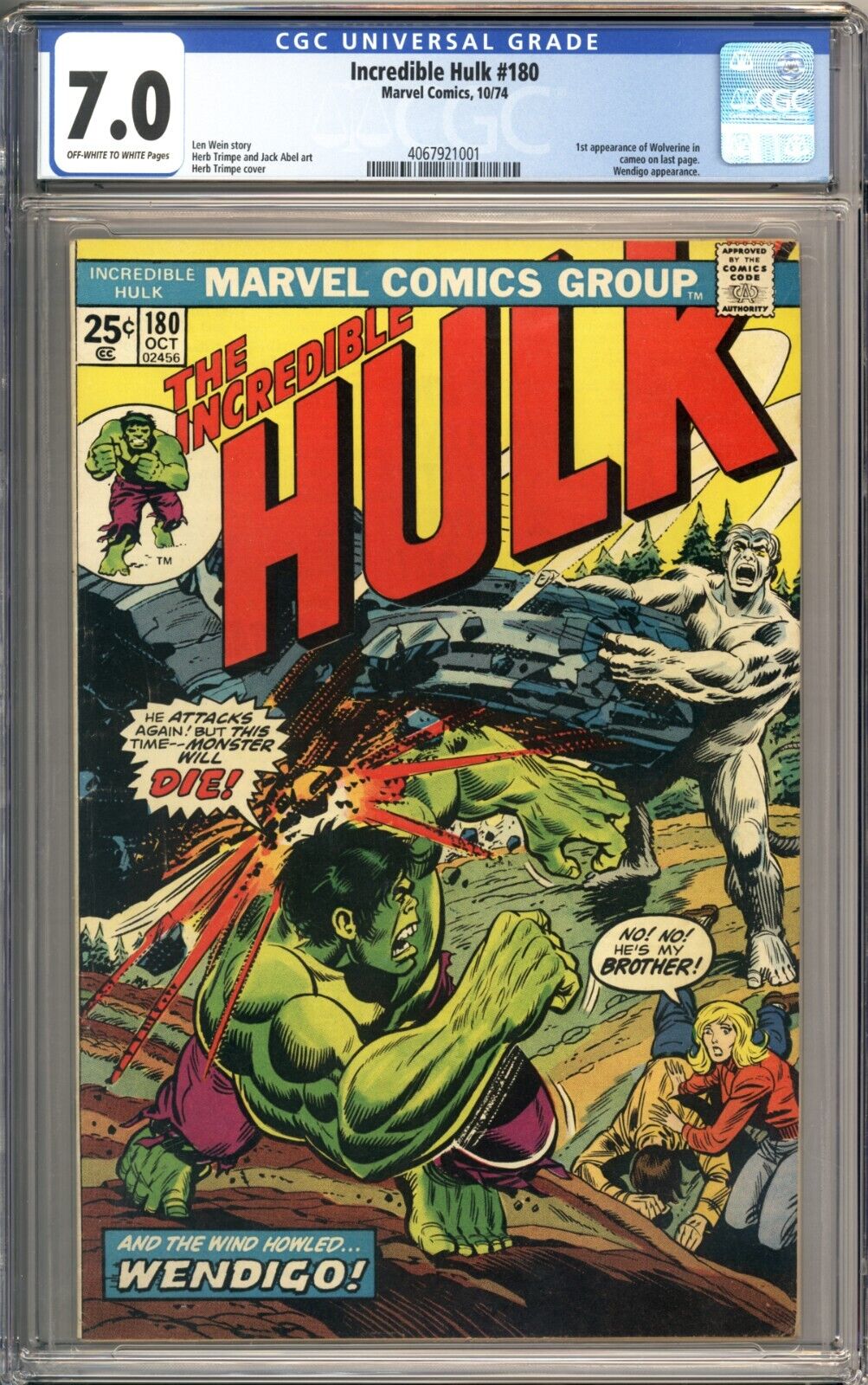 Incredible Hulk 180 CGC 70 1st Cameo App of Wolverine Great Looking Book