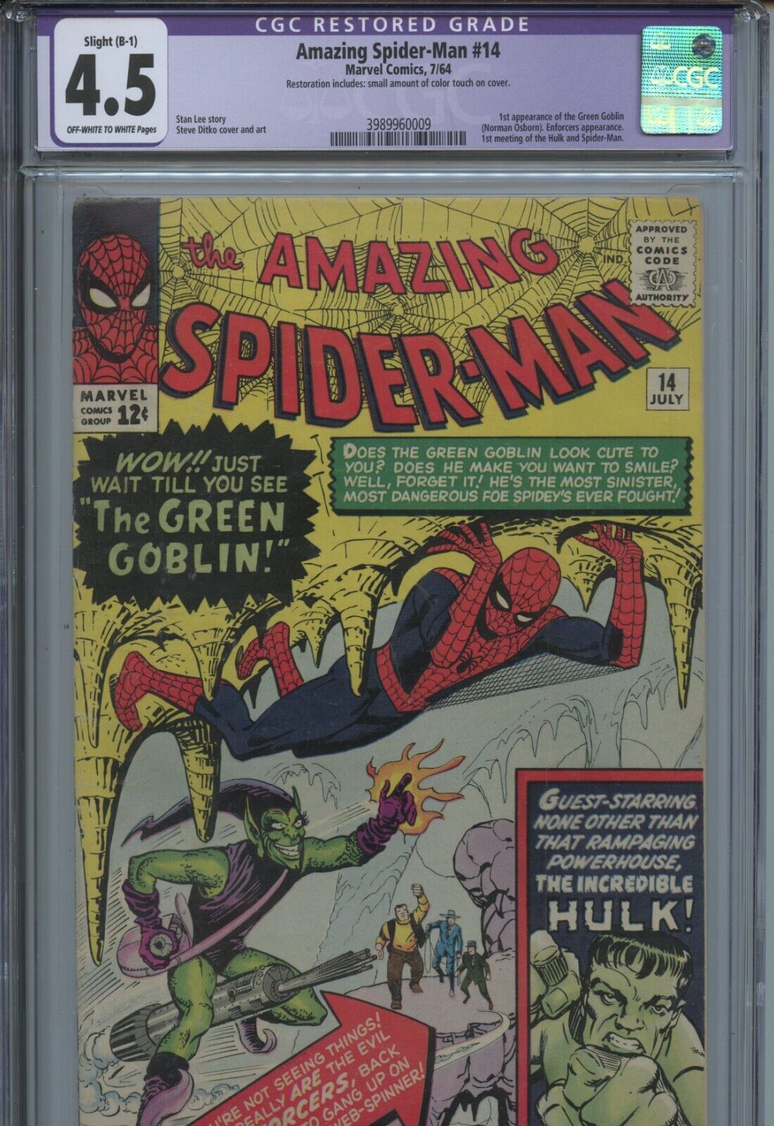 1964 MARVEL AMAZING SPIDERMAN 14 1ST APP OF GREEN GOBLIN  CGC 45 SLIGHT B1