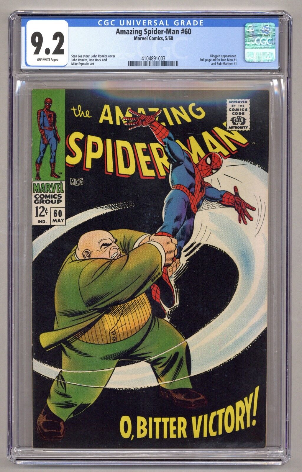 Amazing SpiderMan 60 CGC 92 Kingpin appearance Romita 1968 Marvel J722